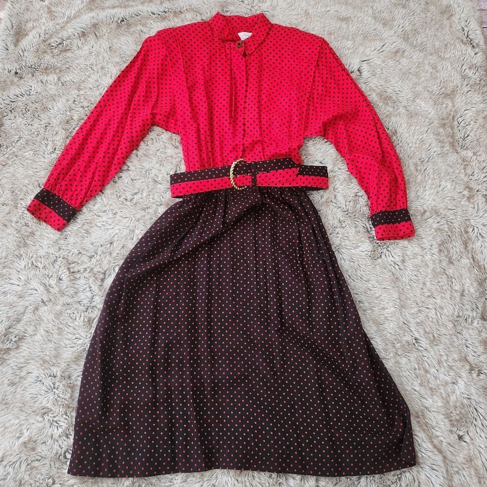 California Design by Dorothy Samuel Vintage Polka Dot Midi Dress‎ Size 10 Petite